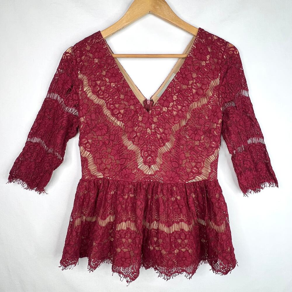 Anthropologie Maeve Burgundy Lace Peplum Blouse Small
